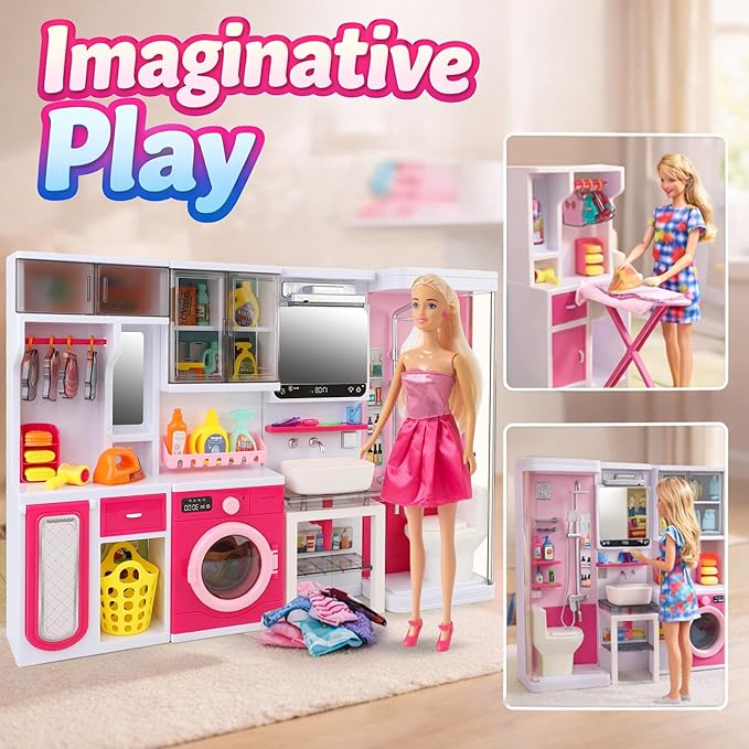 Doll Mini Bathroom Laundry Playset for Kids, House Furniture Pretend Play Toy Accessories Set with Realistic Lights & Sounds for Toddlers, Girls (4-in-1 Bathroom Set)