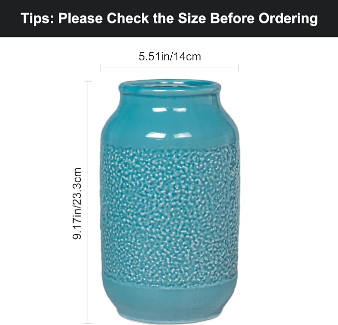 9 Inch Blue Ceramic Vase for Flowers - Textured Teal Cylinder Vase for Table Centerpieces, Modern Boho Vases Home Decor, Living Room, Kitchen Decor