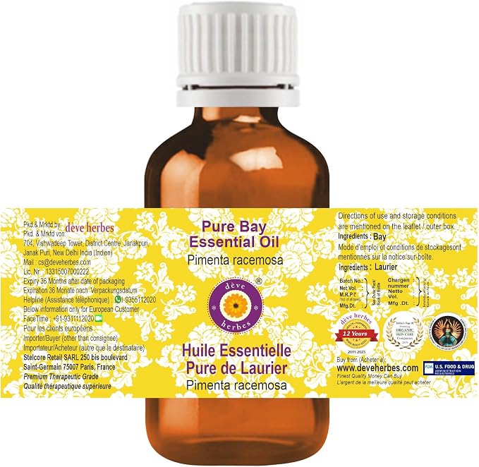 dève herbes Bay Essential Oil (Pimenta racemosa) Pure | Non-Sticky | Non-Greasy | Lightweight | Men & Women | All Skin Types | Steam Distilled 100ml (3.38 oz)