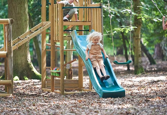 Plum Discovery Wood Swing Sets for Backyard, Kids Yard Play Equipment, Outdoor Toddler Swing with Slide, Monkey Bars, Climbing Bridge, Painting Easel, Built-in Planter Box, Weatherproof, Age 3+ Yrs