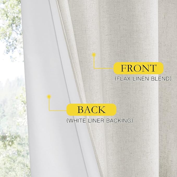 NICETOWN 100% Blackout Linen Curtains for Living Room with Thermal Insulated White Liner, Ivory, 52" Wide, 2 Panels, 84" Long Drapes, Back Tab Retro Linen Curtains Vertical Drapes Privacy for Bedroom