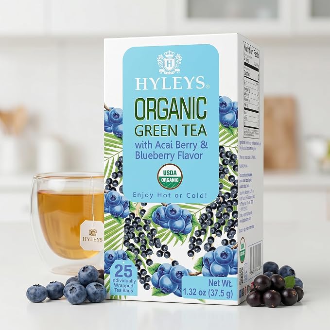 HYLEYS Organic Green Tea with Acai Berry and Blueberry Flavor, 25 Individually Wrapped Tea Bags - USDA Organic Graviola Guanabana Tea with Light Caffeine