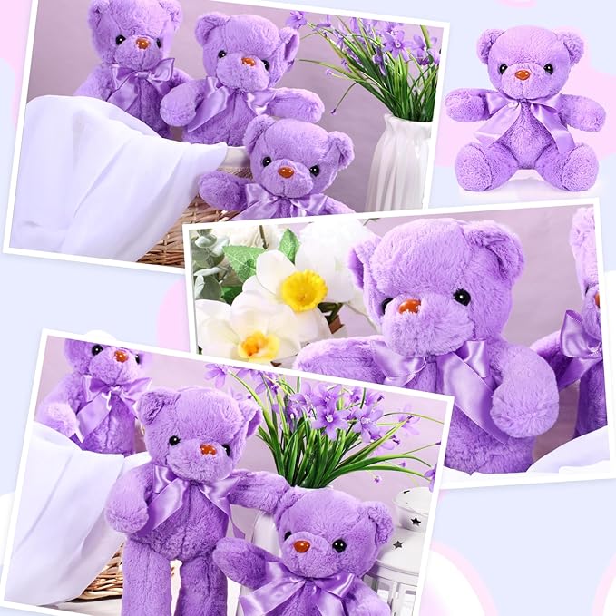 Aoriher 6 Pcs Bear Stuffed Animal Bulk Baby Shower Bear Plush Toys Soft Cute Sleeping and Playing Decorations for Kids Back to School Gift Baby Shower Birthday Party Favor(Purple)