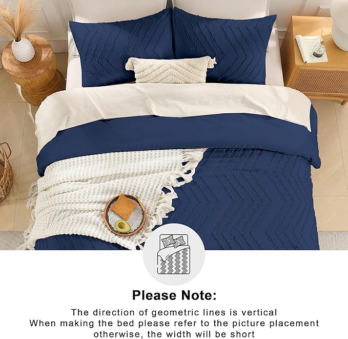 Andency Navy Blue California King Comforter Set, Boho Cal King Soft Warm Tufted Neutral Bedding Comforter Sets, 3 Pieces Cali King Aesthetic Chevron Farmhouse Cute Bohemian Textured Bedding Set
