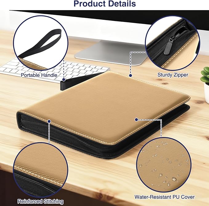 MAXECHO 9 Pocket Trading Card Binder, 1008 Pockets in 56 Removable Double-Sided Sleeves, PU Zip Card Collection Storage Organizer Album for Baseball, MTG, TCG, Sports. Gold