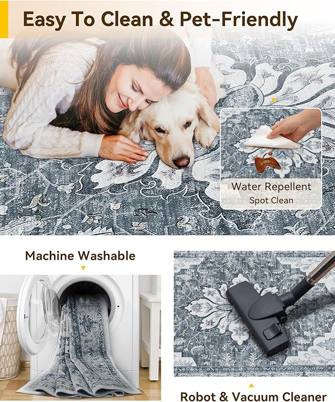 RELEANY Area Rugs Runner 2'x6' Washable Non-Slip, Floral Vintage Distress Medallion Carpet for Kitchen Hallway Bedroom Beside Laundry Room Bathroom, Light Gray Grey White