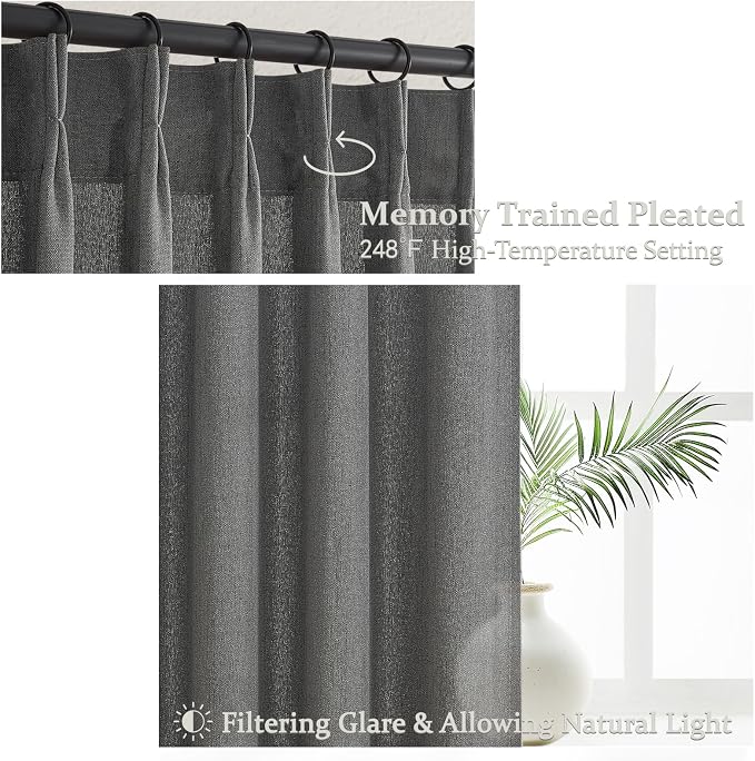 Extra Long Floor to Ceiling Dark Grey Bedroom 108 Inch Curtains, Pinch Pleated Linen Sheer Luxury Light Filtering Privacy Cutain for Living Room 2 Panels Set Gray 9 FT Large Window Drapes with Hooks