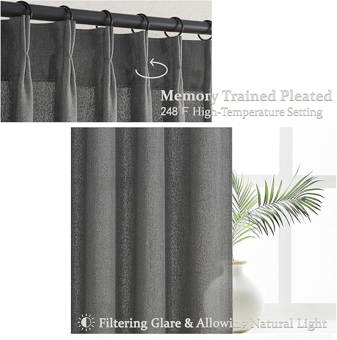Natural Linen Semi Sheer Ceiling Curtains 102 Inches Long 2 Panels for Patio Sliding Glass Door, Dark Grey Luxury Pinch Pleat Living Room Light Filtering Curtain with Track System Burg Decor 40Wx102L