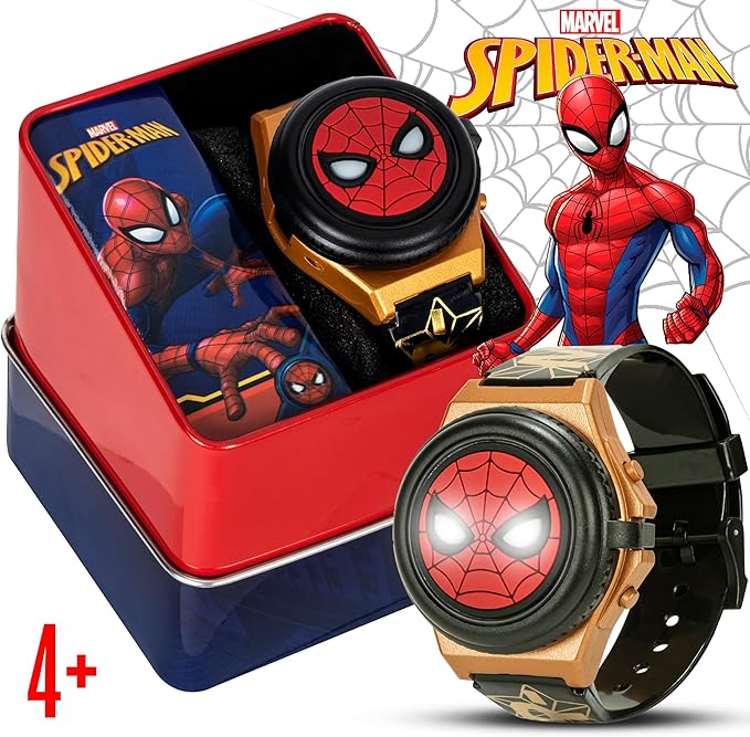 Marvel Spider-Man Kids' LCD Watch – Light-Up Flip Top Design with Glowing Eye Cover, Gold-Tone Accents, and Adjustable Silicone Strap – Durable and Fun for Ages 5+