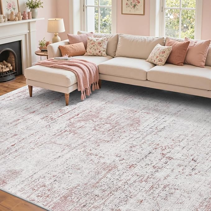 5x7 Ft Area Rugs for Living Room, Soft Non-Slip Washable Rugs Modern Abstract Pattern Carpet for Bedroom Indoor Floor Nursery Home Decor (Pink)