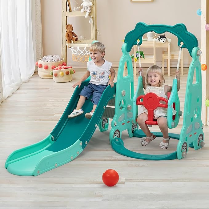4 in 1 Slide Climber Swing Set, Freestanding Toddler Slide Climber Playset with Basketball Hoop, Toddler Playground Indoor Outdoor, Easy Setup