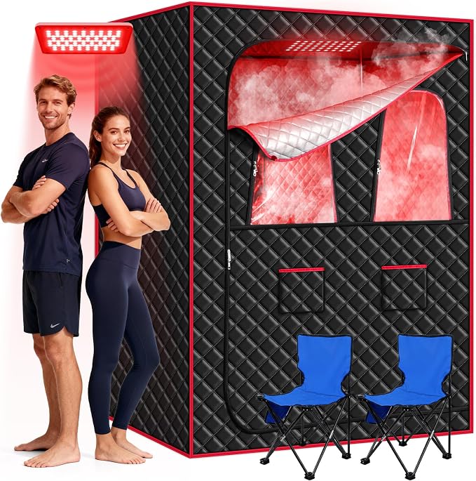 Morfone 2 Person Portable Infrared Steam Sauna with 660nm Red Light Therapy Lamp & 2 Steamers 2 Folding Chairs, Full Body Sauna Spa Tent at Home for Relaxation, 71"x 49"x 36",Black