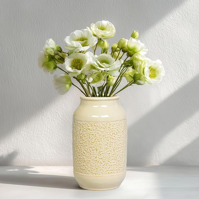Beige Ceramic Vase for Flowers - 9 Inch Textured Cream Vase for Pampas Grass, Modern Farmhouse Vases for Home Decor, Table Centerpiece, Shelf, and Mantle Decor