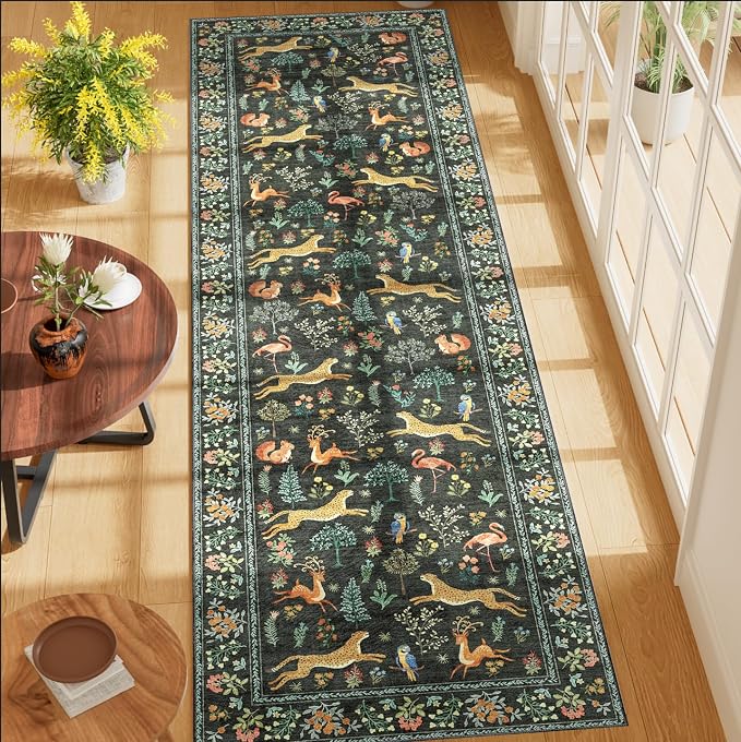 DUKINO 2x7 Runner Rug for Hallway, Washable Kitchen Rugs Non Slip, Black | Low Pile, Stain Resistant, Animal Indoor Carpet Runner for Hallway, Entryway, Bedroom, Bathroom, Lightweight, Pet Friendly