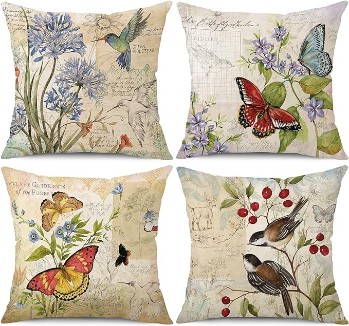 wyooxoo Farmhouse Pillow Covers 18x18 Set of 4 Spring Summer Throw Pillow Covers Linen Flower Butterfly Bird Decorative Pillowcases for Sofa Couch Living Room Outdoor