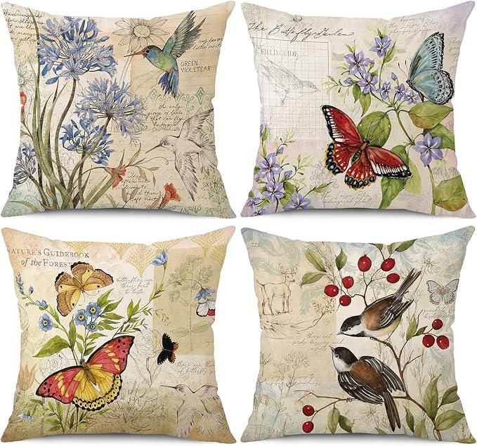 wyooxoo Farmhouse Pillow Covers 16x16 Set of 4 Spring Summer Throw Pillow Covers Linen Flower Butterfly Bird Decorative Pillowcases for Sofa Couch Living Room Outdoor