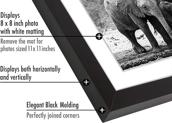 Americanflat 11x11 Picture Frame with Shatter-Resistant Glass - Use as 8x8 Frame with Mat or Display 11x11 Photo Without Mat - Signature Collection - Square Frames for Wall Display - Black | Shatter-resistant glass, sawtooth hangers included, use with ...