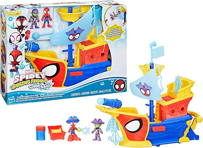 SPIDEY AND HIS AMAZING FRIENDS Marvel Water-Webs Webs Ahoy Bubble Pirate Ship Toy, 3-Inch Action Figures & Boat Playset, Super Hero Toys, 3+ Years