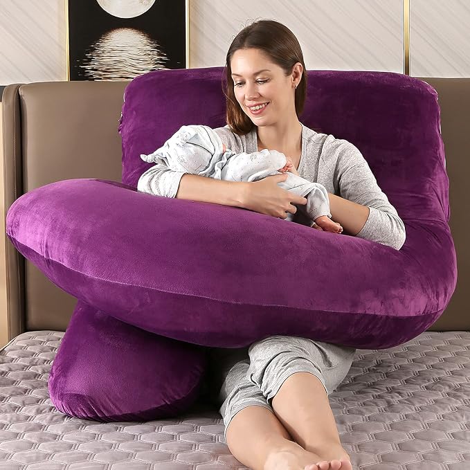 U-Shaped Full Body Pregnancy Pillow for Sleeping – 57" Maternity Pillow with Removable Cover, Support for Back, Legs, Belly & Hips (Velvet-Dark Purple)