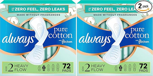 Always Pure Cotton Feminine Pads for Women, FlexFoam Pads with Wings, Size 2, Heavy Absorbency, Unscented, 72 Count (Pack of 2)