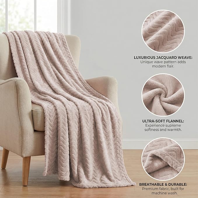 Exclusivo Mezcla Large Fleece Throw Blanket for Couch, Sofa, Camel | 50"x70" Soft Breathable Lightweight Flannel Throws for Summer, Plush Cozy Jacquard Wave Blanket for Home Decor