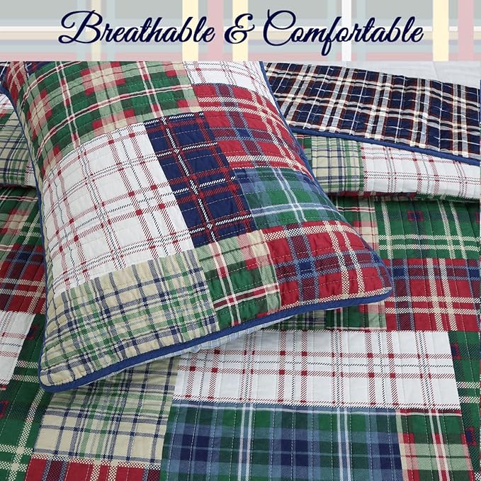 Cozy Line Home Fashions Nate Patchwork Quilt Set, Green Red Navy White 100% Cotton Reversible Coverlet Bedspread for Boy (Nate Patchwork, Twin - 2 Piece)
