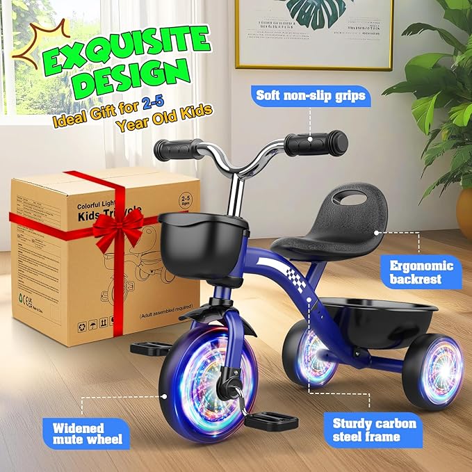 Toddler Tricycle for 1-3 3-4 Year Olds, Toddler Baby Bike, 2 3 4 Year Old Boys Girls Birthday Gifts, Outdoor Riding Toys for Ages 2-4, 3-Level Adjustable Seat, 3 Color Light Wheels, 2 Baskets