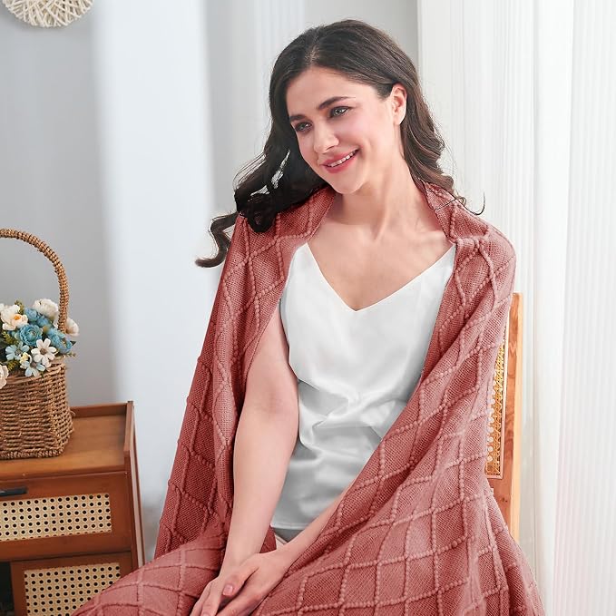 inhand Coral Pink Knitted Throw Blanket for Couch and Bed, 50"x60" | Gifts for Mom from Daughter Son, Soft Lightweight with Tassel, Farmhouse Warm Decorative Blanket for Women, Cozy Knit