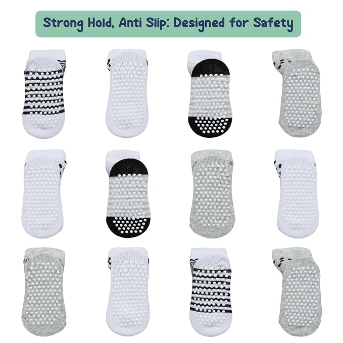 Mother's Choice Organic Cotton Baby Socks 6-12 Months - 12 pairs Unisex, Infant White Socks With Grips, Soft 12 Months Girls & Boy Sock, Play & Gap Baby Slipper Sock Girl Sock for Babies Registry