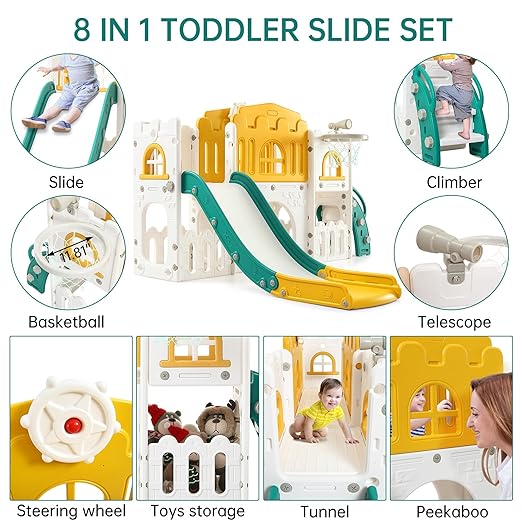8-in-1 Toddler Slide & Climber Playset for Kids 1-3 Years, Indoor Outdoor Activity Center with Basketball Hoop, Tunnel, Telescope, Steering Wheel & Storage, Safe HDPE Backyard Fun House