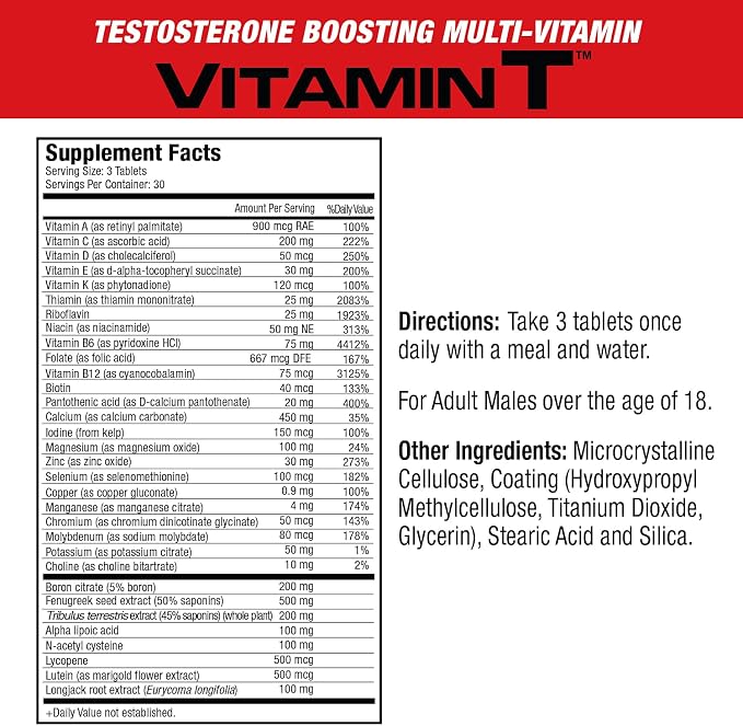 MuscleMeds Vitamin T Daily Complete Multivitamin for Men Enhances Testosterone Muscle Building Sexual Performance 20 Vitamins Minerals Fenugreek Tribulus Longjack, Brown, 90 Count