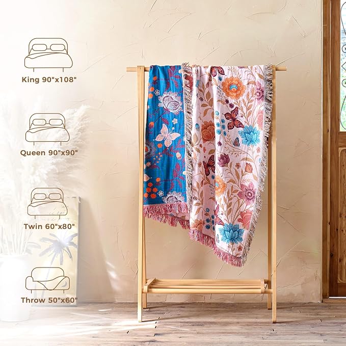 LUTBM Boho Throw Blanket for Bed 60"x80", All Season Cotton Couch Blankets | Reversible Floral Butterfly Embroidery, Lightweight Breathable Twin Quilt, For Chair Sofa Bedroom Living Room, Home Decor