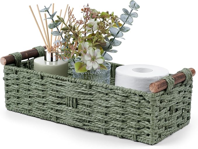 Round Paper Rope Storage Basket Wicker Baskets for Organizing with Handle Decorative Storage Bins for Countertop Toilet Paper Basket for Toilet Tank Top Small Baskets , Green | with Handle for Bedroom Home Decor and Shelves Apartment Countertop Use,Green
