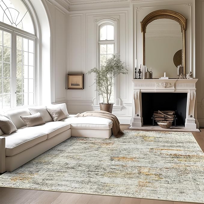 Soalmost 9x12 Area Rugs for Living Room Washable Rug Non-Slip Grey/Rust | Large Vintage Stain Resistant Carpet for Dining Bedroom, Low Pile Lightweight Foldable Floor Mat Nursery Home Office Decor