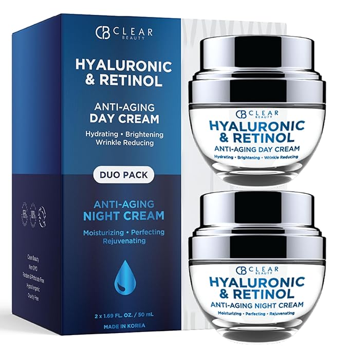 Clear Beauty Hyaluronic Acid & Retinol Face Moisturizer - Dermatologist Tested, Anti Aging, Korean Skin Care – Day And Night Hydration, Smooths Fine Lines, Firms Skin – Vegan, Clean – Duo Pack