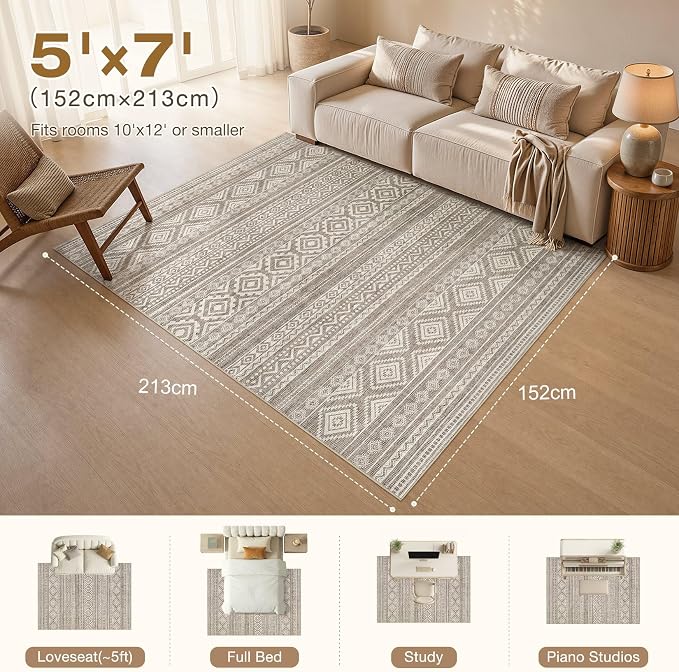 cotiled 5x7 Area Rugs Living Room Rug: Washable Boho Rugs with Non Slip Backing Large Soft Indoor Stain Resistant Carpet for Bedroom Farmhouse Dining Room Lightweight Home Decor Coffee Brown