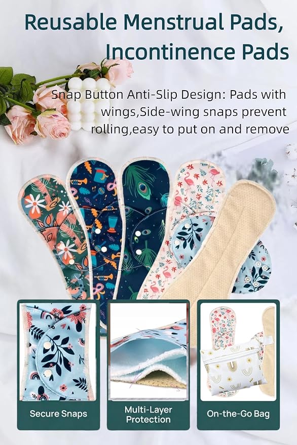 Pure Cotton Mesh Pads Sanitary Napkins,Washable Menstrual Pads,Reusable Incontinence Pads,with 1 Storage Bag,Panty Liners Pads Period for Women/Incontinence Patients.(Coral Pink/L/5pcs)