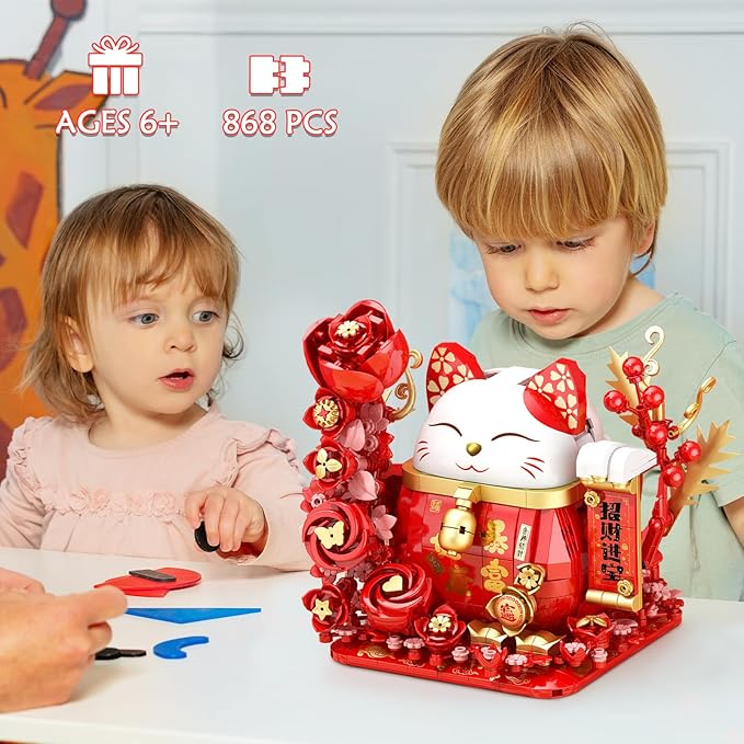 Lucky Cat Building Block Set, Compatible with Lego Cat, 868Pcs Cute Fortune Cat with Flowers Building Blocks, Christmas Birthday Creative Gift for Girls Boys Adult (Red Cat)