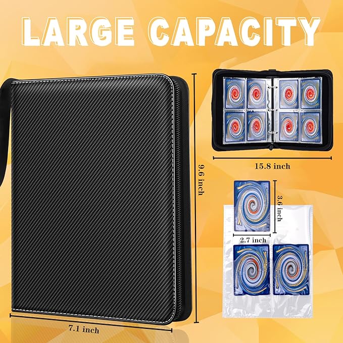 Jravkfi Card Binder 4 Pocket with 50 Removable Sleeves-Can Hold 400 Cards,3-Ring Zipper Sports Book is Gifts for Boys and Girls（Black）