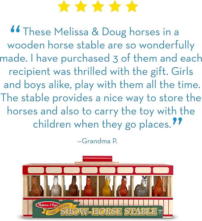 Melissa & Doug Take-Along Show-Horse Stable Play Set– Pretend Play Wooden Barn Toy with 8 Horse Toys & Carrying Case, Portable Preschool Travel Toys for Kids Ages 3+