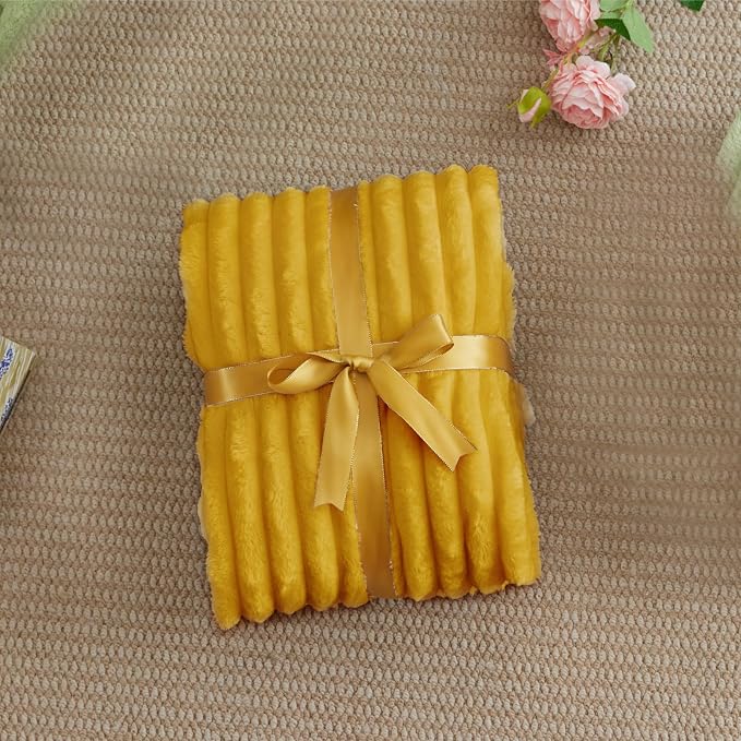 BEDELITE Striped Fleece Throw Blanket, Mustard Yellow, 50"x60" | 300GSM Microfiber Fleece, Soft Cozy, Lightweight Warm, Double-Sided Plush, Machine Washable, Gift, Room Decor, for Couch Sofa