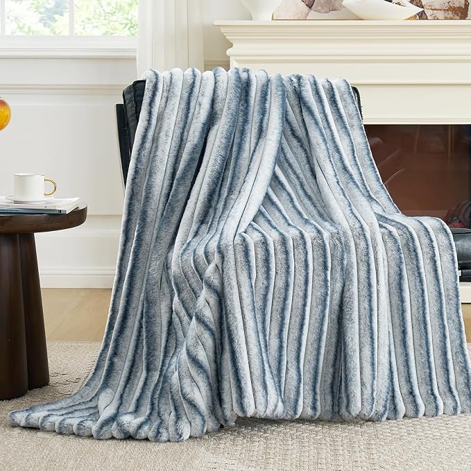 Cozy Bliss Faux Fur Throw Blanket for Couch, Cozy Warm Plush Striped Blanket for Sofa Bedroom Living Room, 60 * 80 Inches Blue