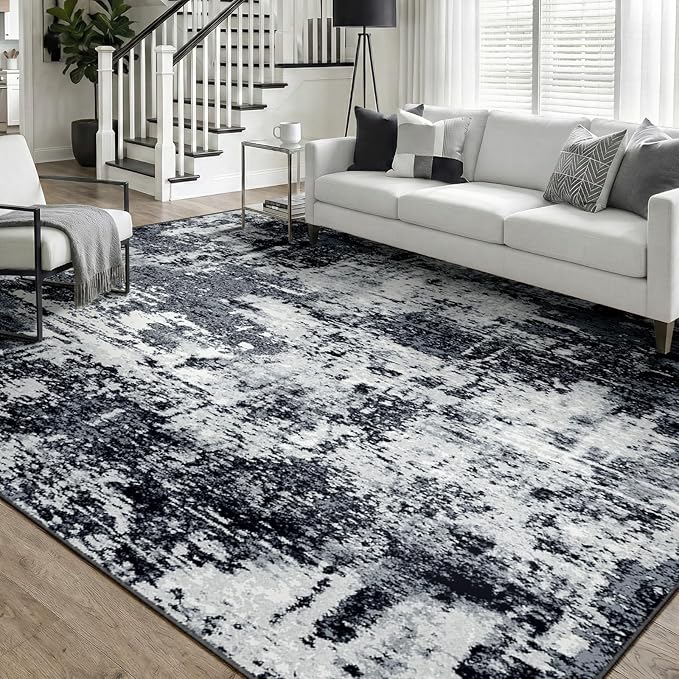 RELEANY Washable 6'x9' Abstract Area Rug for Living Room Black White | carpet for bedroom, kitchen, office, hallway and entryway, printed pattern, non-slip, soft, stain-resistant, easy to clean