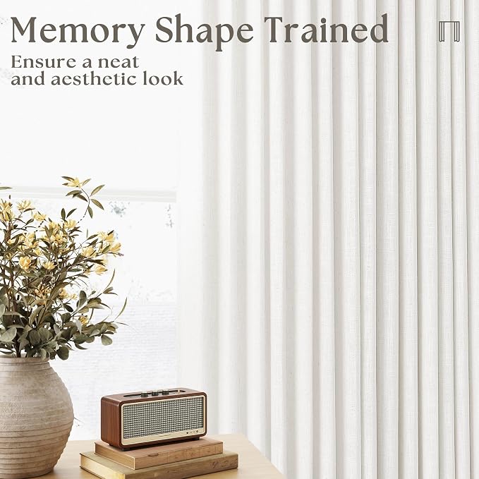 Beige White 72 Inch Pinch Pleated Linen Semi Sheer Curtains 2 Panels 40x72 | Memory Shape Trained, for Living Room Bedroom Cabin Closet, 400GSM Linen Textured, Pinch Pleat with Hooks Rings Back Tab