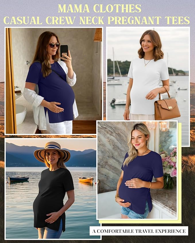 Ficerd 3 Pack Women's Maternity T Shirts, Short Sleeve Side Split Pregnancy Tops Casual Crew Neck Pregnant Tees Mama Clothes