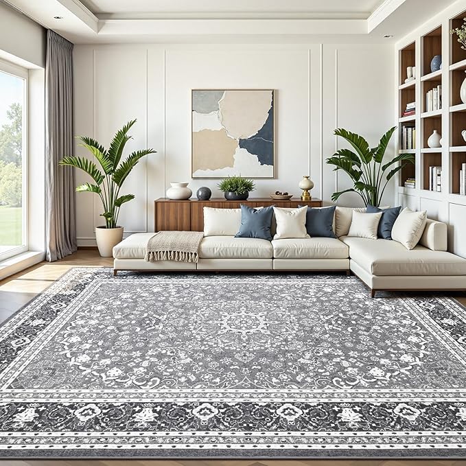 9x12 Area Rugs for Living Room, Washable Non-Slip Rug, Oriental Light Grey | Large Rugs for Bedroom, Low Pile Large Area Rug for Kitchen, Dining Room, Home Office, Vintage Oriental Print Rug