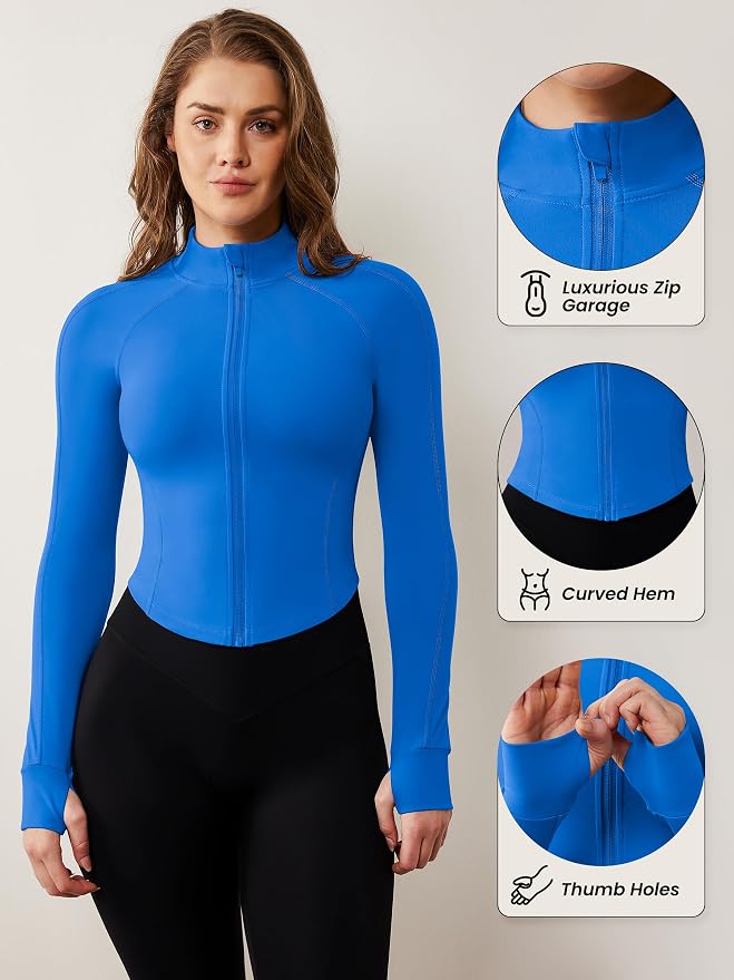 AVGO Women's Workout Jacket Lightweight Zip Up Cropped Yoga Jackets Slim Fit Athletic Tops with Thumb Holes