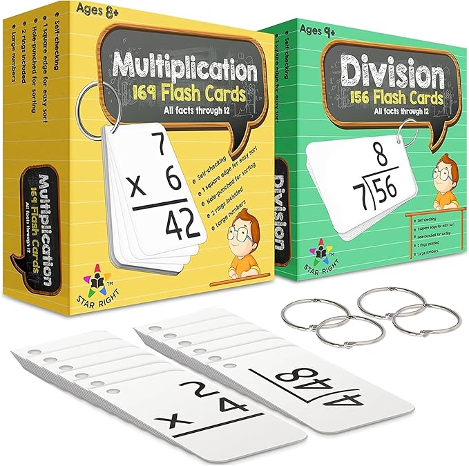 Star Right 325 Math Flash Cards - Multiplication and Division Flash Cards with 4 Metal Rings - Hole-Punched Math Flashcards for 3rd to 6th Grades - Ideal Math Game Practice Tool - 6.4 x 1.8 Inches