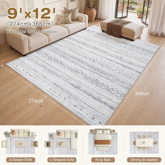 cotiled 9x12 Area Rugs Living Room Rug: Washable Boho Rugs with Non Slip Backing Large Soft Indoor Stain Resistant Carpet for Bedroom Farmhouse Dining Room Lightweight Home Decor Grey
