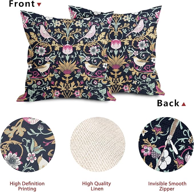 Chinoiserie Floral Bird Colorful Pillow Covers 18X18 in Set of 2 Hot Pink Tan Teal Green Pimpernel Flower Throw Pillow Cases Vintage Art Pillowcases Home Decor for Couch Patio Sofa Porch